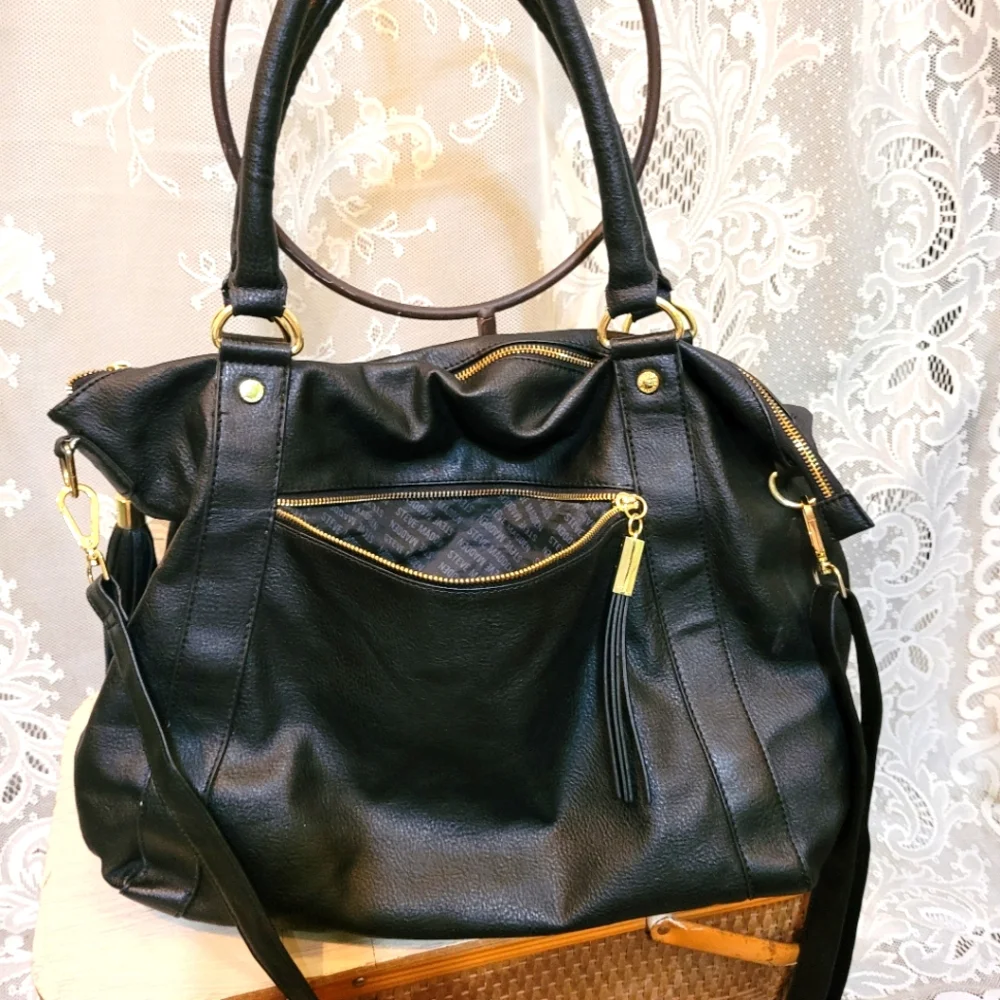 Steve Madden Large Black Leather Tote With Tassels - Picture 9 of 12